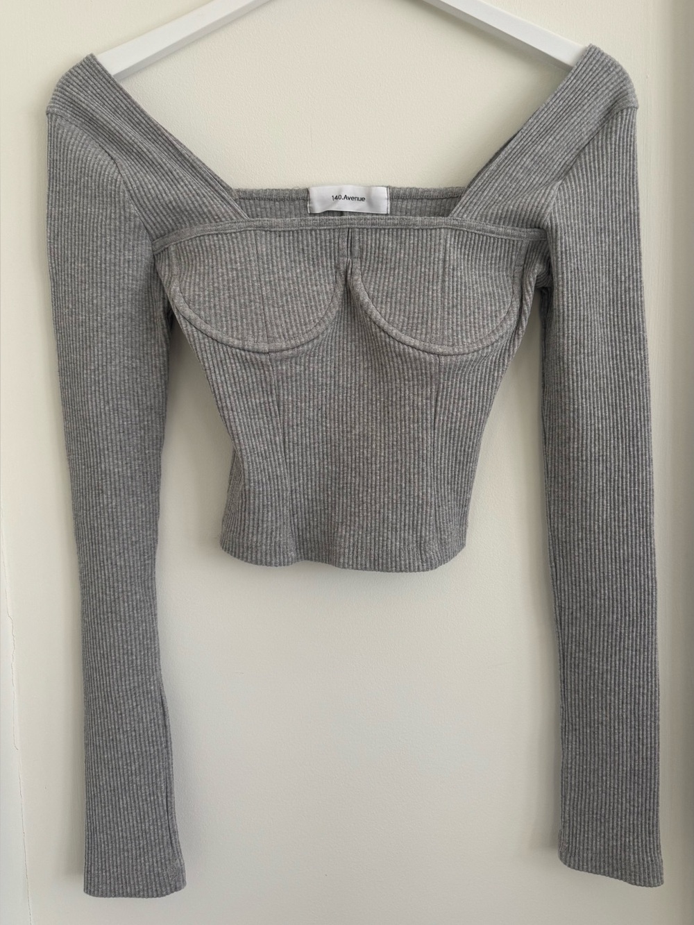 140.Avenue Gray Ribbed Corset-Style Crop Top